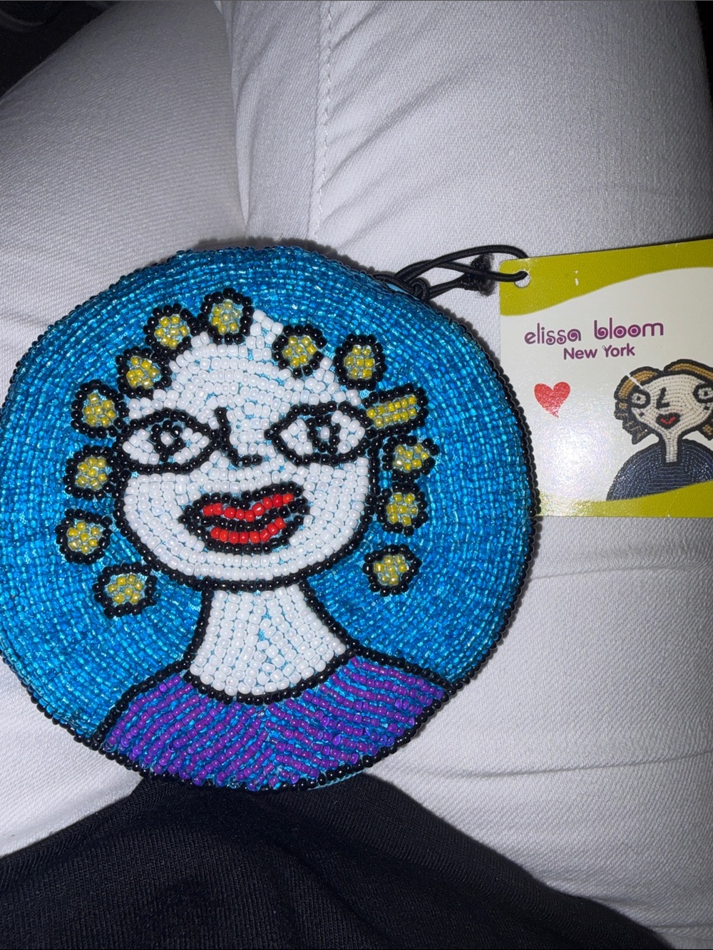 Elissa Bloom Blue Beaded Face Coin Purse Key & Card Holder